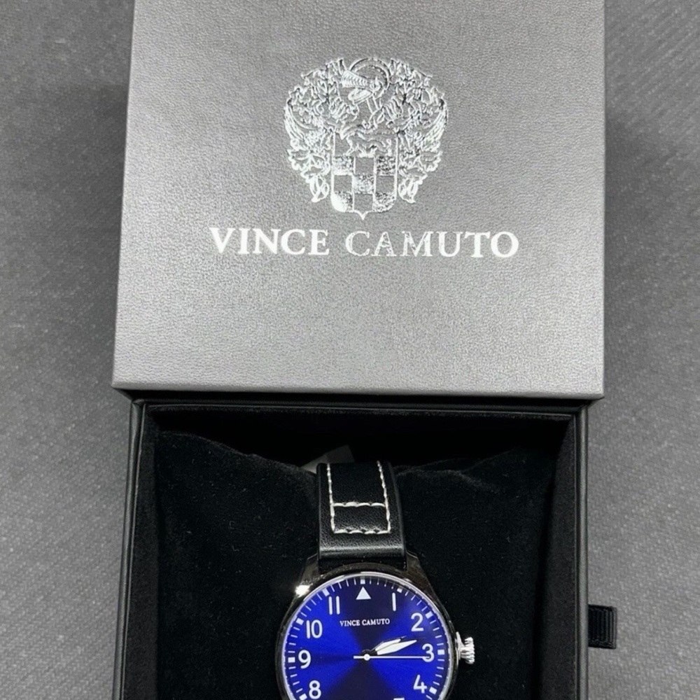 Vince Camuto Men's Black Leather Strap Watch with Blue Dial